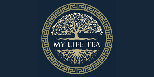 Loose leaf tea desk setup with mug, infuser and My Life Tea blends for work