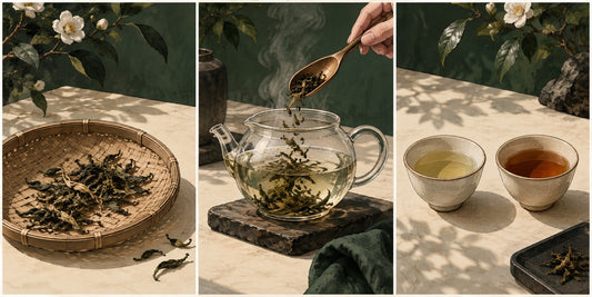 Three-part illustration showing loose tea leaf, leaves added during a steep, and two finished comparison cups