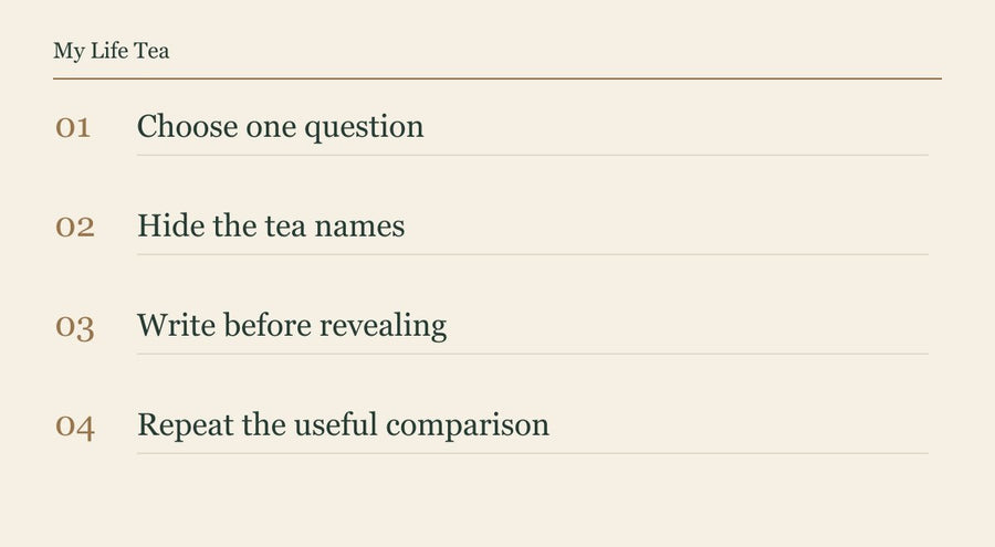 Choose one question; Hide the tea names; Write before revealing; Repeat the useful comparison.