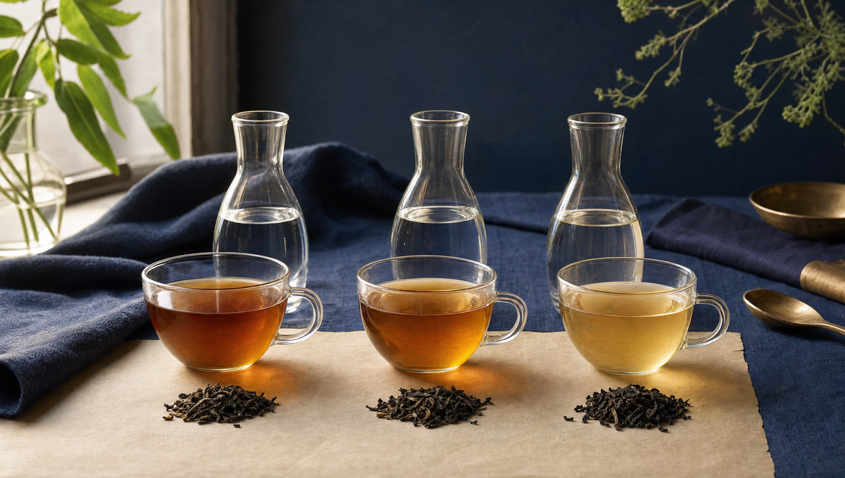 Three cups of loose-leaf tea brewed to different colours beside glass water carafes