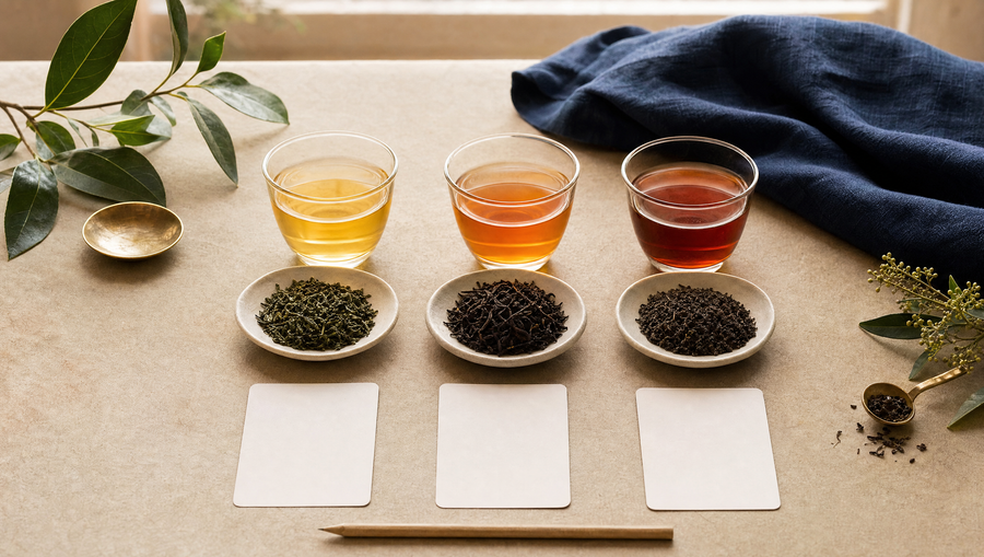 Three cups of loose-leaf tea with tasting dishes and blank note cards