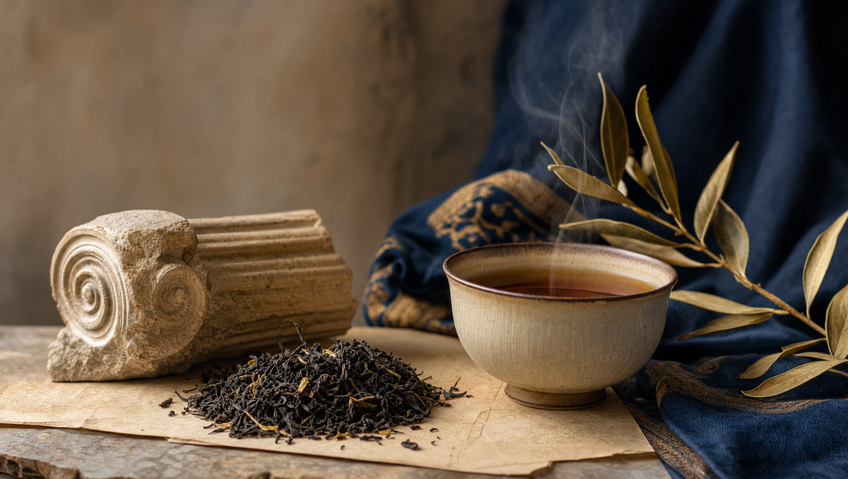 Loose-leaf tea beside an Ionic column fragment and laurel leaves