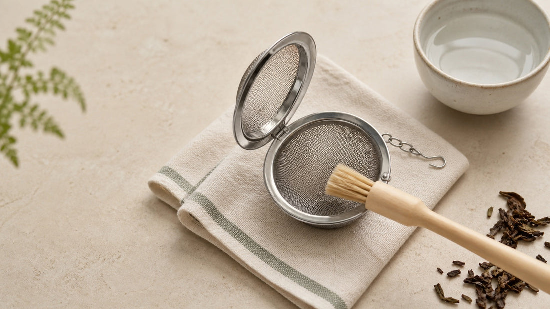 Stainless-steel tea infuser being cleaned with a soft brush beside a bowl of water