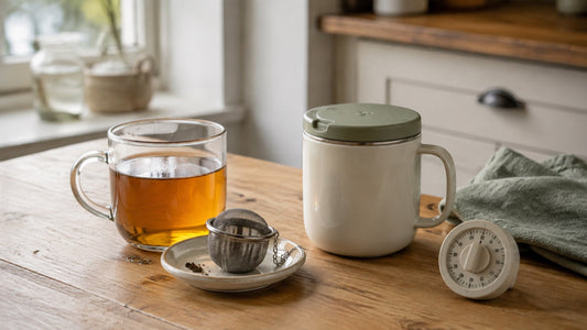 Finished loose-leaf tea beside a removed infuser and a lidded insulated mug