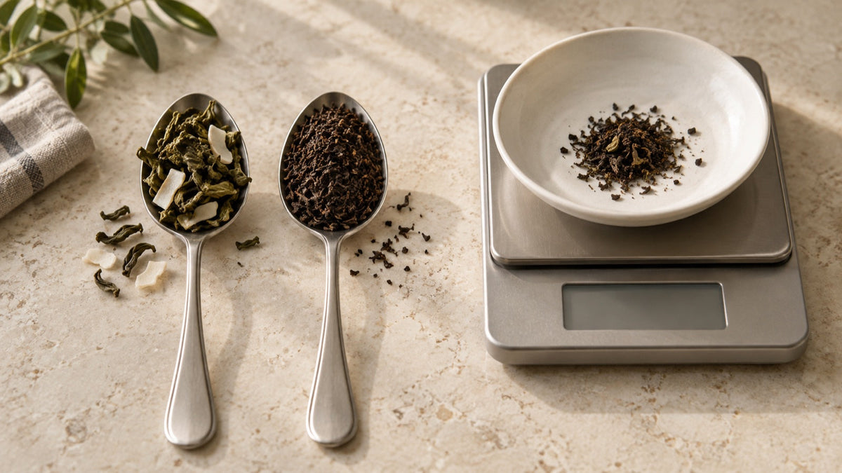 Two teaspoons holding differently sized tea leaves beside a kitchen scale and weighing dish.