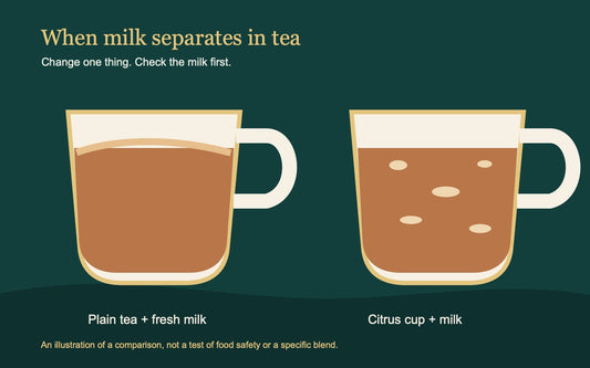 Illustration comparing smooth milk in plain tea with separated milk in a citrus cup