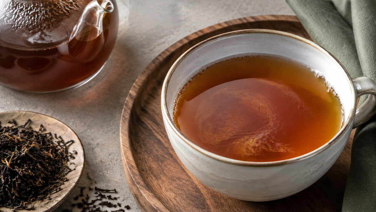 Amber loose-leaf tea with a subtle mineral film beside a glass teapot and dry tea leaves