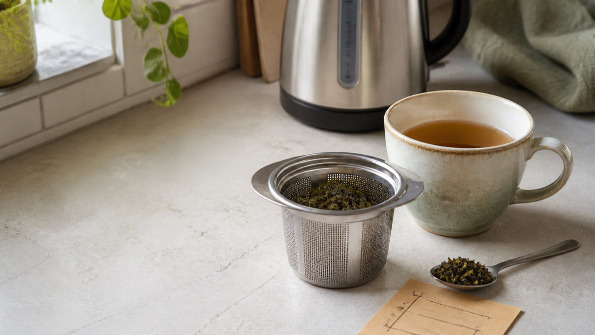 One mug, basket infuser and measured loose leaf tea ready for a single-cup brew