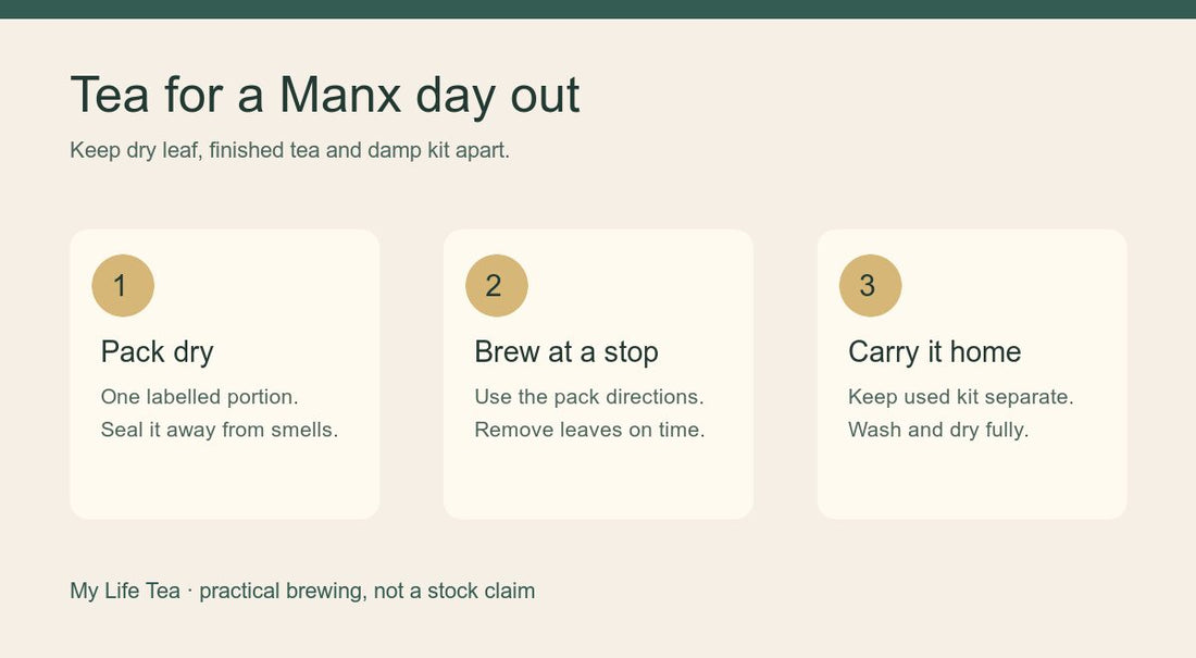 Three steps for a tea day trip: pack a dry portion, brew at a stop, and carry the used infuser separately.