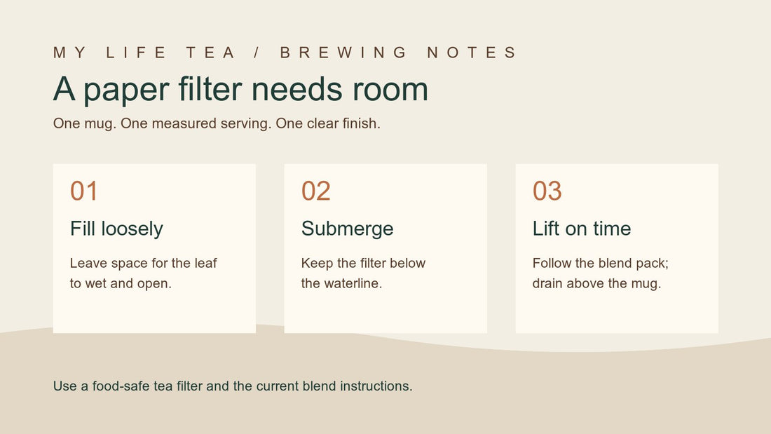 Paper tea filter method: fill loosely, fully submerge, and lift when the steep ends