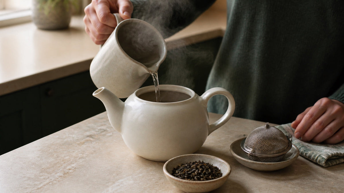 Hot water warming a ceramic teapot beside loose tea leaves and a mesh infuser