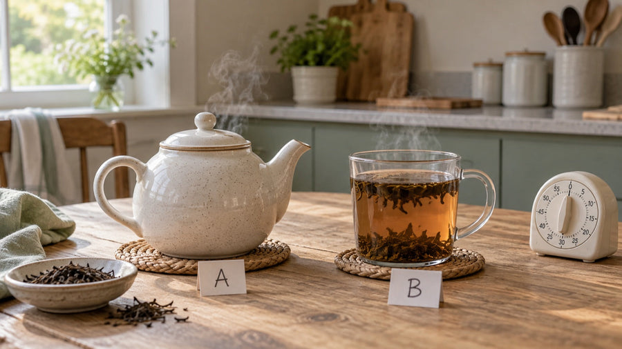 Covered ceramic teapot beside an uncovered glass cup for a loose-leaf tea lid test