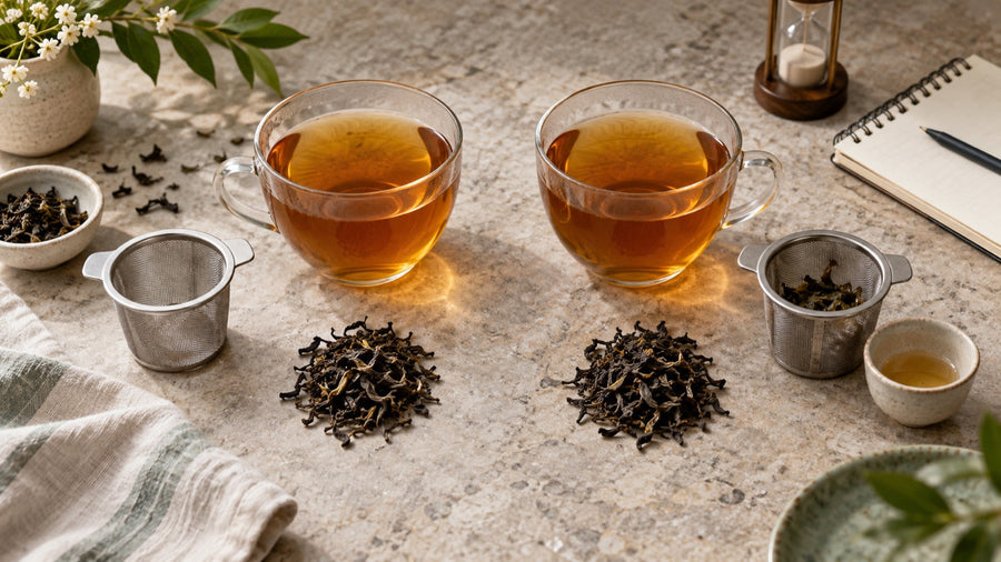 Two matching cups compare loose-leaf tea brewed with and without a brief rinse