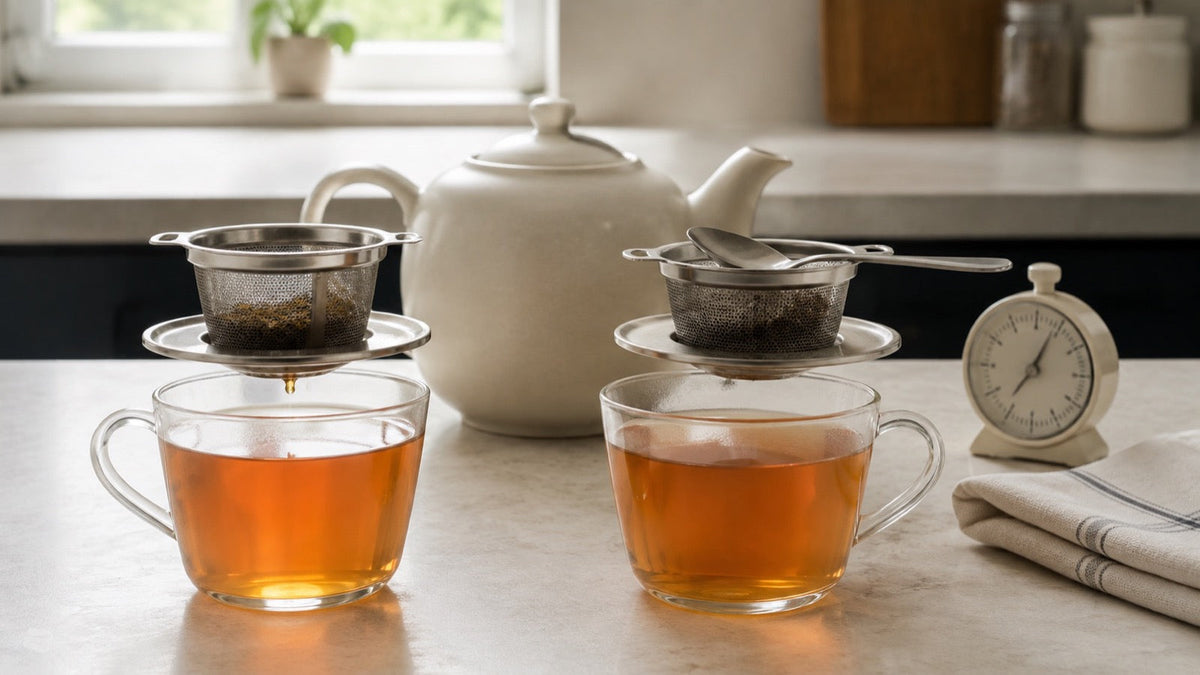 Two cups compare a loose-leaf tea infuser allowed to drain with one gently pressed by a spoon