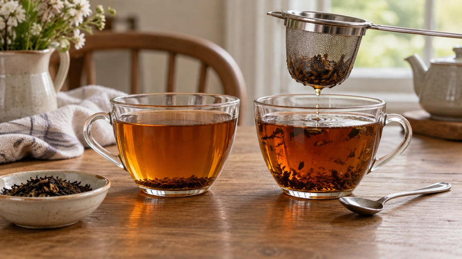 Two matching cups compare unstirred and gently stirred loose-leaf tea