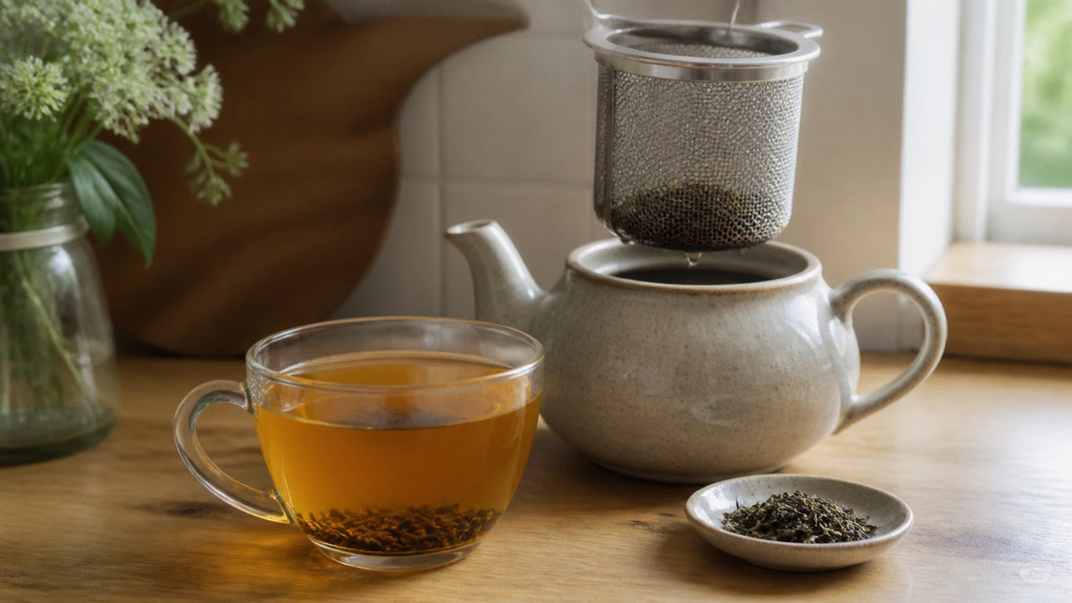 Loose tea leaves settled in a clear cup beside a roomy stainless-steel basket infuser