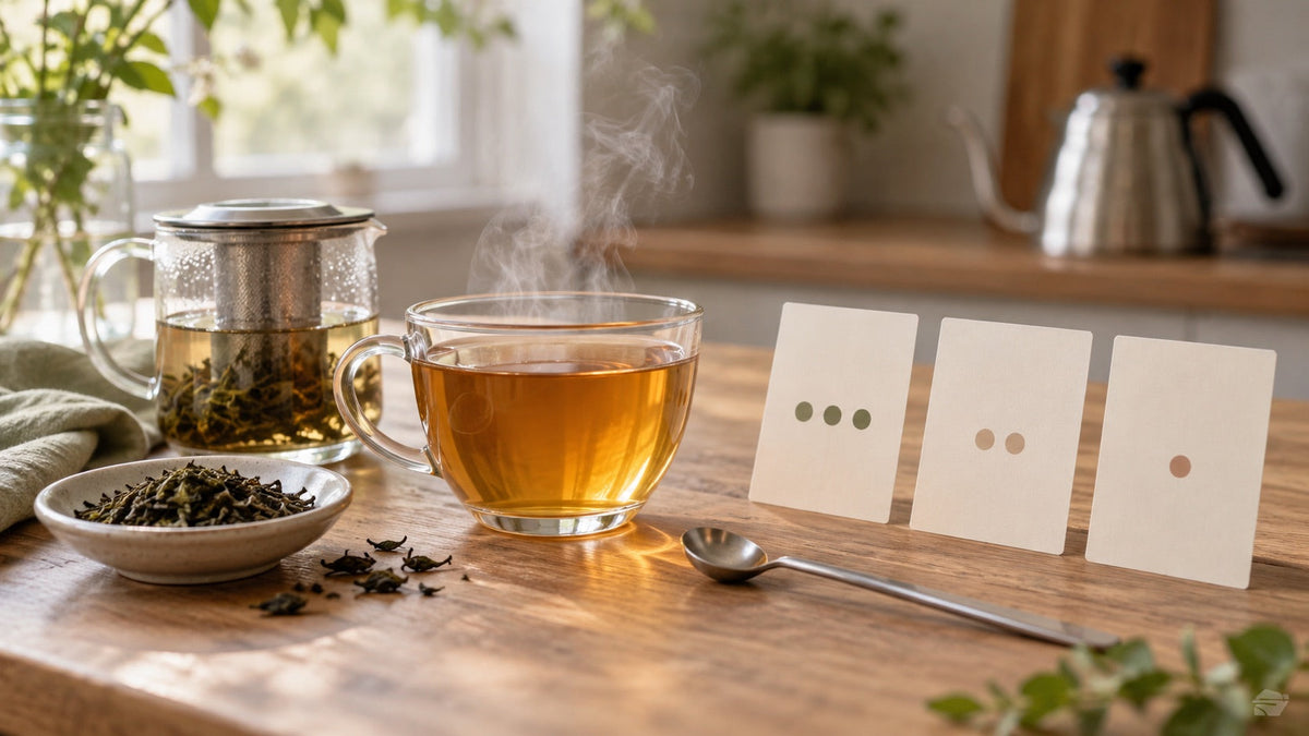 Amber loose-leaf tea beside a three-step brewing comparison for a cup that smells fragrant but tastes weak