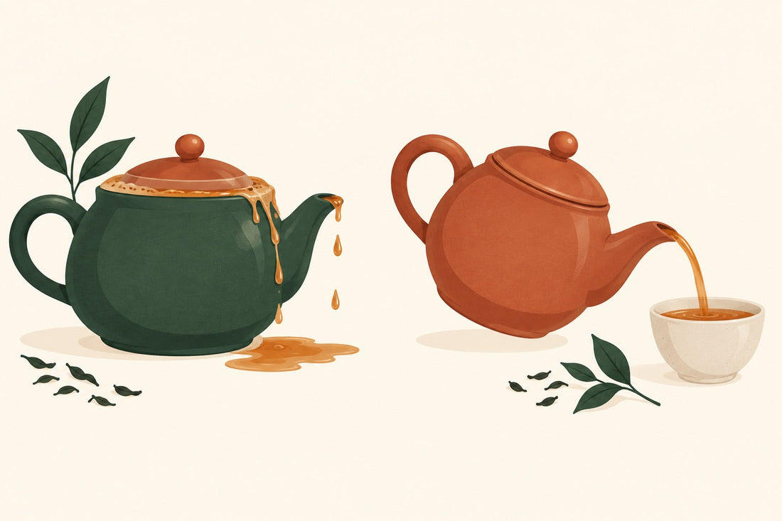 Illustration of a green teapot dripping beside an orange teapot pouring into a cup
