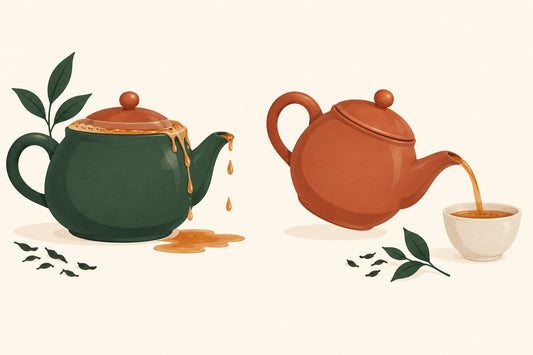 Illustration of a green teapot dripping beside an orange teapot pouring into a cup