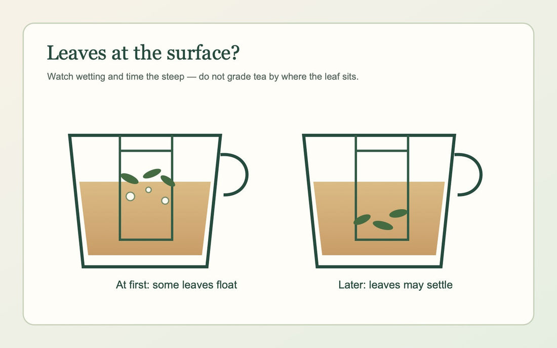 Illustration of leaves floating at first and settling later in two basket infusers