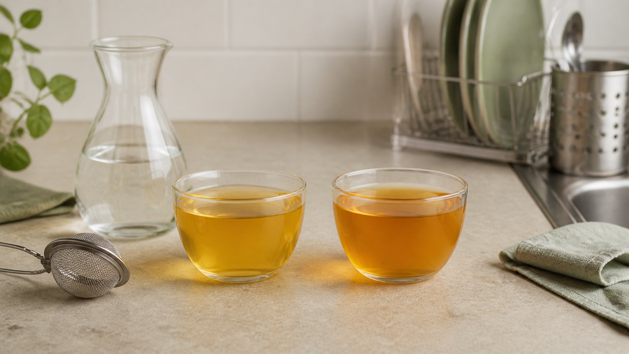 Two cups of tea beside a rinsed infuser and water carafe for a rinse-control comparison.