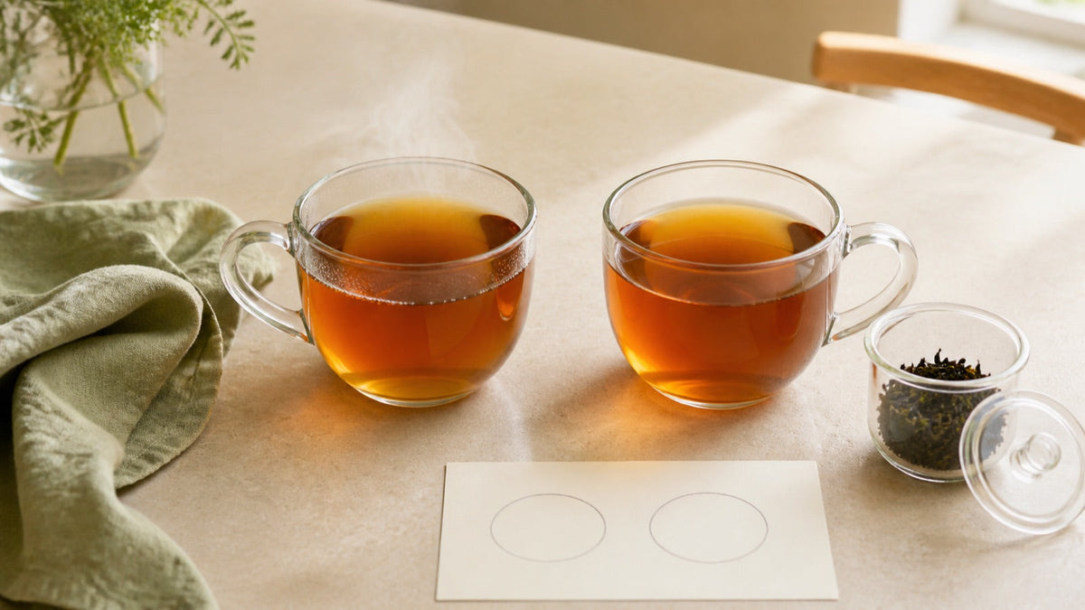 Two identical glass cups compare loose-leaf tea warm and after ten minutes of cooling.
