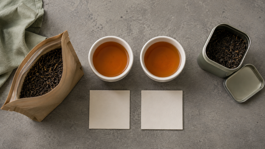 Two cups comparing loose-leaf tea stored in an open pouch and an airtight tin