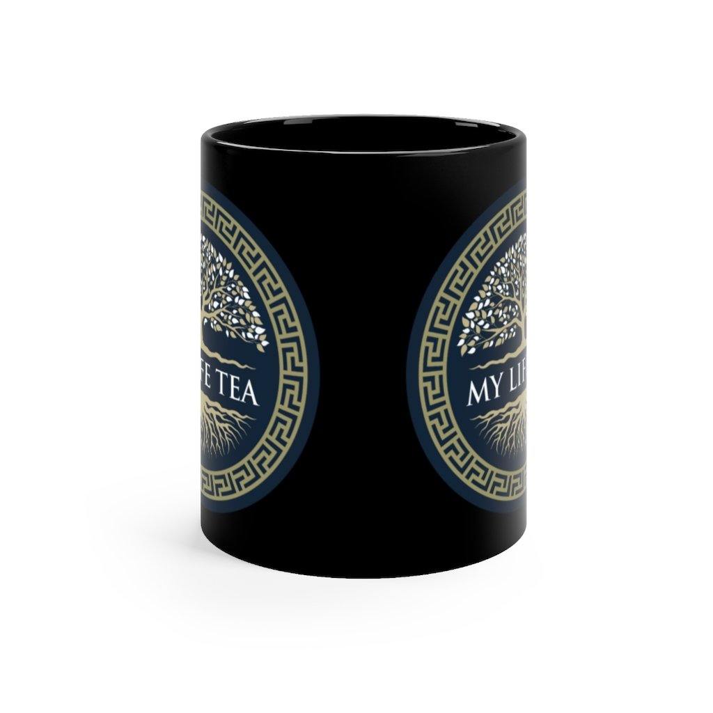 My Life Tea 11oz black ceramic mug, side view showing the gold logo