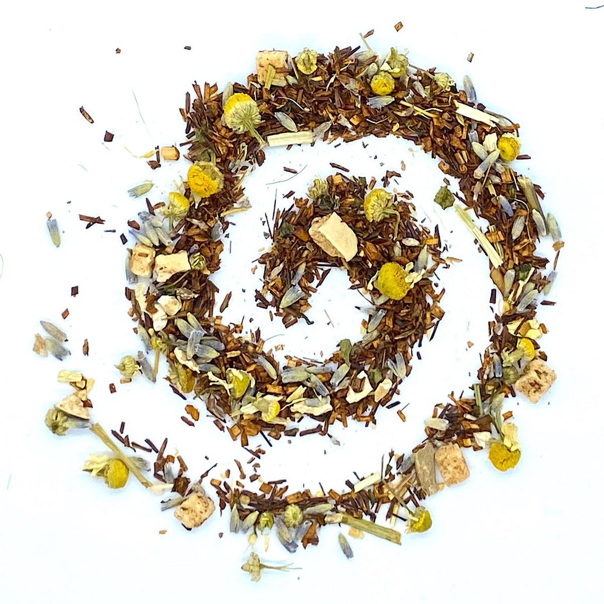 Morpheus lavender & vanilla rooibos loose leaf blend arranged in a spiral, top-down view