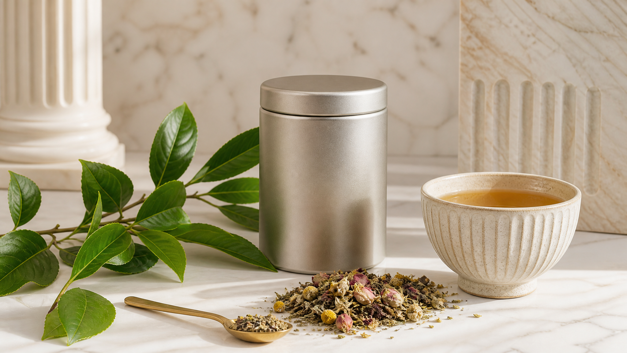 A warm MyLifeTea loose-leaf tea ritual with botanical ingredients and premium packaging cues.